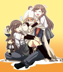  ... 1boy 6+girls :d :| ^_^ aqua_eyes arashio_(kancolle) arm_warmers bike_shorts black_socks blonde_hair brown_eyes brown_hair cape chibi chibi_on_head cloak closed_eyes closed_mouth commentary_request crossover eighth_note girl_sandwich hands_on_own_face head_rest highres hug hug_from_behind in_palm indian_style kantai_collection long_hair mini_person minigirl multiple_girls multiple_persona music musical_note o_o on_head open_mouth pleated_skirt ryuuri_(aoithigo) sandwiched school_uniform singing sitting sitting_on_lap sitting_on_person skirt smile socks solid_circle_eyes suspenders too_many touken_ranbu v-shaped_eyebrows yamanbagiri_kunihiro 