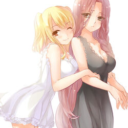  2girls black_dress blonde_hair bloom blush breasts brown_eyes cleavage collarbone commentary cowboy_shot dress fairy_tail flare_corona frilled_dress frills hug hug_from_behind large_breasts long_hair looking_at_viewer lucy_heartfilia multiple_girls one_eye_closed purple_hair red_hair simple_background smile strib_und_werde very_long_hair white_background white_dress yuri 