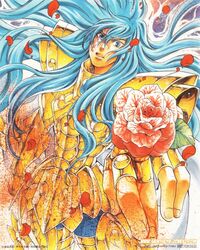  armor blue_eyes blue_hair facial_mark flower gold_armor gold_saint long_hair male_focus petals pisces_albafica rose rose_petals saint_seiya saint_seiya:_the_lost_canvas solo teshirogi_shiori 