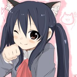  animal_ears black_hair brown_eyes cat_ears close-up commentary_request extra_ears female k-on! long_hair nakano_azusa natsu_(norari_kurari) neck_ribbon one_eye_closed paw_pose red_ribbon ribbon sakuragaoka_high_school_uniform school_uniform solo 