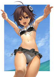  absurdres antenna_hair armpits bikini black_bikini blue_eyes brown_hair commentary_request day female frilled_bikini frills front-tie_top hair_ornament heart highres idolmaster idolmaster_(classic) idolmaster_2 kikuchi_makoto navel nekopuchi ocean open_mouth outdoors outstretched_arms revision short_hair sky smile solo swimsuit thigh_gap vivid_bikini_(idolmaster) 