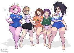  5girls ass barefoot big_ass big_breasts black_eyes black_hair black_sclera blonde_female blonde_hair brown_eyes brown_hair cagolica colo_colo el_rincon_de_amber female female_only football football_uniform himiko_toga horn kyoka_jiro looking_at_viewer mina_ashido momo_yaoyorozu my_hero_academia ochako_uraraka pale-skinned_female pale_skin pink-skinned_female pink_hair pink_skin pobreloa purple_hair santiago_banderers tagme thick_thighs unibersidad_del_chiste white_background yellow_eyes 