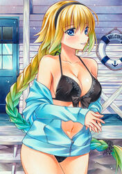  alternate_hair_color bikini black_bikini black_hairband black_scrunchie blonde_hair blue_eyes blue_hair blue_jacket blush braid braided_ponytail breasts cleavage clothes_down collarbone commentary_request cowboy_shot fate/grand_order fate_(series) female floating_hair front-tie_bikini_top front-tie_top gradient_hair grin hair_between_eyes hair_ornament hair_scrunchie hairband jacket jeanne_d&#039;arc_(fate) jeanne_d&#039;arc_(swimsuit_archer)_(fate) jeanne_d&#039;arc_(swimsuit_archer)_(first_ascension)_(fate) long_hair medium_breasts multicolored_hair navel open_clothes open_jacket outdoors own_hands_together partially_unzipped pastel_(medium) photoshop_(medium) print_bikini scrunchie single_braid smile solo standing swimsuit very_long_hair yuto_takumi 