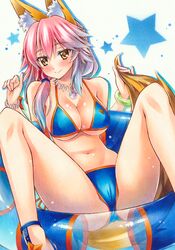  animal_ears bad_id bad_pixiv_id bikini blue_bikini blue_hair blush bracelet breasts cameltoe closed_mouth collarbone commentary_request fate/grand_order fate_(series) female fox_ears fox_tail gradient_hair holding_own_tail innertube jewelry large_breasts legs_apart long_hair looking_at_viewer multicolored_hair necklace pastel_(medium) pink_hair print_bikini sitting smile solo star_(symbol) swim_ring swimsuit tail tamamo_(fate) tamamo_no_mae_(swimsuit_lancer)_(fate) traditional_media transparent underboob white_background yellow_eyes yuto_takumi 