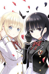  2girls black_gloves black_hair black_jacket black_ribbon black_shirt blazer blonde_hair blue_eyes blush bow breasts center_frills closed_mouth collared_shirt commentary_request dahlia_academy_boarding_school_uniform dress_shirt frills gloves hair_ribbon hand_up heart highres inugami_reon jacket juliet_persia kishuku_gakkou_no_juliet long_hair multiple_girls natsupa open_clothes open_jacket parted_lips petals pleated_skirt purple_eyes red_bow ribbon school_uniform shirt simple_background skirt small_breasts smile striped striped_bow wavy_hair white_background white_jacket white_shirt white_skirt 