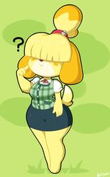  2019 absurd_res alternate_hairstyle animal_crossing anthro bangs blonde_hair blush blush_stickers breasts canid canine canis clothed clothing digital_media_(artwork) dipstick_tail domestic_dog female hair hair_over_eyes hi_res isabelle_(animal_crossing) mammal markings medium_breasts mehdrawings multicolored_tail nintendo question_mark shih_tzu short_stack smile solo tail tail_markings toy_dog white_tail_tip 