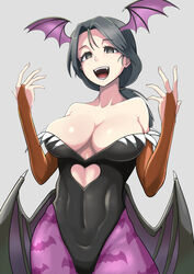  animal_print bad_id bad_pixiv_id bare_shoulders bat_print bat_wings black_leotard breasts bridal_gauntlets bright_pupils brown_gloves cleavage clothing_cutout commentary_request cosplay covered_navel cowboy_shot fangs female freckles girls_und_panzer gloves grey_background grey_eyes grey_hair hair_tie halloween_costume head_wings heart_cutout highres large_breasts leotard long_hair looking_at_viewer low_wings morrigan_aensland morrigan_aensland_(cosplay) open_mouth pantyhose piyotan_(girls_und_panzer) ponytail print_pantyhose purple_pantyhose simple_background smile solo vampire_(game) vampire_costume w_arms white_pupils wings yougata 