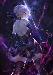  artoria_pendragon_(fate) ass azomo back bare_shoulders black_dress black_gloves black_ribbon black_thighhighs blonde_hair braid breasts commentary_request dark_persona dress elbow_gloves excalibur_morgan_(fate) fate/stay_night fate_(series) female french_braid gloves hair_bun hair_ribbon highres holding holding_sword holding_weapon long_hair looking_at_viewer looking_back pale_skin photoshop_(medium) ribbon saber_alter sidelocks single_hair_bun small_breasts solo sword thighhighs thighs weapon yellow_eyes 