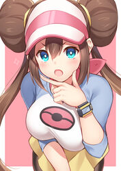  :o black_pantyhose blue_eyes blush bow breasts brown_hair commentary_request double_bun female hair_between_eyes hair_bun hand_on_own_chin hat highres large_breasts leaning_forward long_hair looking_at_viewer open_mouth pantyhose pantyhose_under_shorts pink_bow pokemon pokemon_bw2 pokemon_masters_ex raglan_sleeves rosa_(pokemon) shiyo_yoyoyo short_shorts shorts simple_background solo stroking_own_chin thinking twintails upper_body very_long_hair watch wristwatch yellow_shorts 