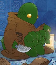  2019 3_toes abstract_background ambiguous_gender barefoot biped brown_clothing cloak clothed clothing digital_media_(artwork) feet final_fantasy fuf fully_clothed green_body green_feet green_hands green_skin hi_res holding_object knife lamp lantern monotone_body monotone_clothing monotone_feet monotone_hands monotone_skin monotone_tail signature sitting solo square_enix tail toes tonberry yellow_eyes 