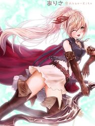  akao_kito arisa_(shadowverse) boots brown_hair capelet cloak commentary_request elbow_gloves elf female gloves green_eyes highres pointy_ears ponytail shadowverse thigh_boots thighhighs 