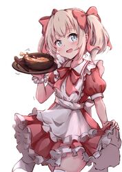  :d apron blush bow bowl collared_dress cowboy_shot dress female food frilled_apron frilled_dress frills hairbow hakuya_(white_night) hand_up highres holding latina_(uchi_no_musume_no_tame_naraba) light_brown_hair maid_apron md5_mismatch open_mouth pleated_dress puffy_short_sleeves puffy_sleeves red_bow red_dress short_sleeves simple_background skirt_hold smile solo spoon thighhighs twintails uchi_no_musume_no_tame_naraba_ore_wa_moshikashitara_maou_mo_taoseru_kamo_shirenai. white_apron white_background white_thighhighs 