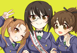  3girls bad_id bad_pixiv_id birthday_sash black_bow black_choker black_eyes black_hair blue_coat blush bow bow_choker brown_eyes brown_hair choker closed_mouth coat collar girls_und_panzer grey-framed_eyewear grin hair_ribbon hairbow kadotani_anzu kawashima_momo koyama_yuzu kumasawa_(dkdkr) locked_arms long_hair long_sleeves looking_at_viewer monocle multiple_girls one_eye_closed ooarai_school_uniform open_mouth parted_bangs ponytail ribbon sailor_collar sash school_uniform semi-rimless_eyewear short_hair short_ponytail shoulder_sash side-by-side simple_background smile sweatdrop teeth tongue translated twintails under-rim_eyewear v waving yellow_background 