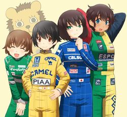  4girls arms_behind_head blue_eyes blue_jumpsuit brown_eyes brown_hair closed_eyes closed_mouth commentary dark-skinned_female dark_skin freckles girls_und_panzer grabbing_another&#039;s_chin green_eyes green_jumpsuit hand_on_another&#039;s_chin hand_on_own_hip hands_on_own_hips hands_on_thighs honda hoshino_(girls_und_panzer) japanese_flag jumpsuit leaning_forward leopon_(animal) logo long_sleeves looking_at_viewer multicolored_jumpsuit multiple_girls nakajima_(girls_und_panzer) open_mouth short_hair simple_background smile standing suzuki_(girls_und_panzer) tsuchiya_(girls_und_panzer) uniform uona_telepin yellow_background yellow_jumpsuit 