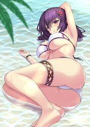  armpits ass barefoot bikini blush bracelet breasts commentary_request female hair_ornament highres jewelry konohana_enishi large_breasts long_hair looking_at_viewer lying on_side open_mouth original partially_submerged photoshop_(medium) purple_eyes purple_hair sengoku_aky solo swimsuit thigh_strap white_bikini 