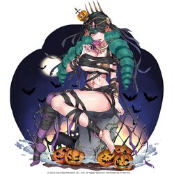  bandages bat_(animal) black_cat breasts candy choker drill_hair feline female fiore_brunelli food full_moon green_hair hair_ornament halloween halloween_costume holding holding_candy holding_food holding_lollipop jack-o&#039;-lantern jack-o&#039;-lantern_hair_ornament large_breasts lollipop long_hair mataro_(matarou) moon mummy_costume nail_polish night official_art purple_thighhighs single_thighhigh sitting solo spider_web_print star_ocean star_ocean_anamnesis star_ocean_integrity_and_faithlessness thighhighs toenail_polish toenails tombstone yellow_eyes 