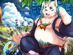  2019 4:3 agyo_(tas) asian_mythology belly bottomwear clothing detailed_background east_asian_mythology foo_dog fur humanoid_hands japanese_mythology komainu lifewonders male mammal moobs mythology outside overweight overweight_male pants solo teeth tokyo_afterschool_summoners tongue white_body white_fur yokai yuuya333 