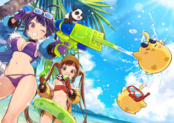  2girls ahoge ass_visible_through_thighs azur_lane bikini bikini_under_clothes blue_jacket blue_sky breasts brown_eyes brown_hair choker cleavage cloud commentary_request day eyewear_on_head food fur_trim gloves grin hair_rings hairpods hand_up ice_cream innertube jacket large_breasts long_hair long_sleeves looking_at_viewer manjuu_(azur_lane) multiple_girls navel ning_hai_(azur_lane) ning_hai_(summer_hunger)_(azur_lane) official_alternate_costume one_eye_closed open_clothes open_jacket outdoors palm_tree panda parted_lips ping_hai_(azur_lane) ping_hai_(summer_vacation)_(azur_lane) puffy_long_sleeves puffy_sleeves purple_bikini purple_eyes purple_gloves purple_hair red_bikini red_eyes red_gloves see-through side-tie_bikini_bottom sky small_breasts smile sunglasses swim_ring swimsuit teeth tree twintails v-shaped_eyebrows very_long_hair water water_gun yellow_jacket yuko_(uc_yuk) 