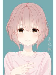  absurdres aqua_background blush brown_eyes closed_mouth collarbone commentary crying crying_with_eyes_open female grey_hair hair_between_eyes hand_up highres koe_no_katachi kyoto_animation light_smile looking_at_viewer mute nao_ri nishimiya_shouko pink_shirt raised_eyebrows sad shirt short_hair sign_language smile solo straight_hair t-shirt tears translated upper_body v 