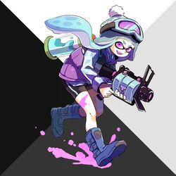  .52_gal_(splatoon) absurdres aqua_hair bike_shorts black_shorts blue_footwear blue_shirt bobblehat boots collared_shirt colored_tongue commentary female full_body goggles goggles_on_headwear green_headwear highres holding holding_weapon ink_tank_(splatoon) inkling inkling_girl inkling_player_character jacket leaning_forward long_sleeves looking_at_viewer meco oerba_yun_fang open_mouth paint_splatter purple_eyes purple_jacket purple_tongue running shirt shorts single_vertical_stripe sleeveless sleeveless_jacket smile solo splatoon_(series) splatoon_1 standing tentacle_hair weapon 