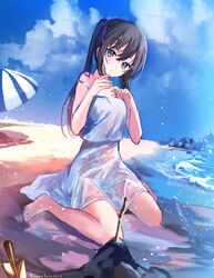  bare_arms bare_legs barefoot beach black_hair blue_eyes blue_ribbon blush commentary_request crop_top day dress female full_body hair_between_eyes hair_ribbon hanekoto head_tilt highres imouto_(hanekoto) looking_at_viewer open_mouth original outdoors painting_(medium) parasol ribbon sand sand_sculpture sidelocks sitting sky sleeveless solo spaghetti_strap stick strap_slip traditional_media twintails umbrella wariza water watercolor_(medium) wet wet_clothes 