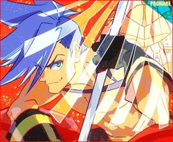  1boy baggy_pants blue_eyes blue_hair commentary_request galo_thymos gloves looking_at_viewer male_focus matahei matoi pants pectorals promare smile spiked_hair topless_male 