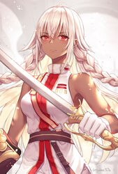  absurdres ahoge artist_name bare_arms bare_shoulders belt braid breasts closed_mouth commentary_request dark-skinned_female dark_skin expressionless fate/grand_order fate_(series) female floating_hair gloves highres holding holding_sword holding_weapon lakshmibai_(fate) long_hair looking_at_viewer medium_breasts photoshop_(medium) red_eyes shirt sidelocks sleeveless sleeveless_shirt solo soyubee sword twin_braids upper_body weapon white_gloves white_hair white_shirt 