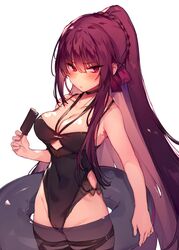  bare_shoulders black_one-piece_swimsuit blush braid breasts choker cleavage closed_mouth collarbone commentary covered_navel female food french_braid girls&#039;_frontline hair_between_eyes hair_ribbon highres innertube large_breasts long_hair looking_at_viewer official_alternate_costume one-piece_swimsuit ponytail popsicle purple_hair purple_ribbon red_eyes ribbon simple_background solo soukou_makura swim_ring swimsuit symbol-only_commentary thigh_strap thighs wa2000_(girls&#039;_frontline) wa2000_(op._manta_ray)_(girls&#039;_frontline) white_background 