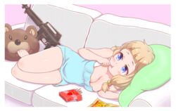  aqua_dress assault_rifle barefoot bear blonde_hair blouse blue_eyes breasts commentary_request couch dress eating female food gun hair_bobbles hair_ornament light_blush lying m4_carbine medium_breasts messy_hair new_game! no_pants on_side panties pantyshot picolette_xiii pillow pink_background pocky rifle sakura_nene shirt short_hair simple_background twintails underwear weapon 