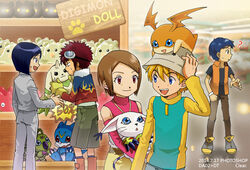  aokiku blonde_hair blue_eyes brown_eyes brown_hair closed_mouth commentary_request crossover digimon digimon_adventure digimon_adventure_02 digimon_tamers female gloves goggles hat highres ichijouji_ken li_jianliang motomiya_daisuke multiple_boys patamon short_hair smile tailmon takaishi_takeru terriermon yagami_hikari 