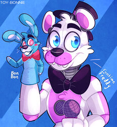  2019 animatronic bear bow_(feature) bow_tie clothing digital_media_(artwork) duo five_nights_at_freddy&#039;s funtime_freddy_(fnafsl) hat headgear headwear hi_res lagomorph leporid machine mammal puppet puppet_bonnie_(fnafsl) rabbit robot scottgames sister_location top_hat toy-bonnie 