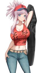  akatsuki_ikki belt blue_eyes breasts cleavage commentary_request crop_top denim fate/grand_order fate_(series) female hat jeans large_breasts long_hair looking_at_viewer midriff miyamoto_musashi_(fate) miyamoto_musashi_(traveling_outfit)_(fate) navel pants pink_hair smile solo 