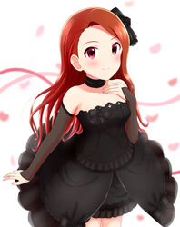  bad_id bad_pixiv_id black_bow black_dress black_sleeves blush bow brown_hair choker closed_mouth collarbone cowboy_shot detached_sleeves dress female hairbow highres idolmaster idolmaster_(classic) jewelry long_hair long_sleeves looking_up minase_iori nail_polish outstretched_arm petals pink_nails pink_ribbon red_eyes ribbon runmo77 short_dress sleeveless sleeveless_dress smile solo standing very_long_hair white_background 