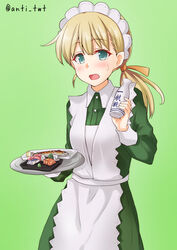  alternate_costume anti_(untea9) apron blonde_hair blunt_bangs bottle commentary_request dress enmaided female food frilled_apron frills gradient_background green_background green_dress green_eyes hair_ornament hair_ribbon highres kantai_collection long_hair looking_at_viewer low_ponytail maid maid_headdress open_mouth photoshop_(medium) ribbon shin&#039;you_(kancolle) shin&#039;you_(maid)_(kancolle) side_ponytail solo sushi tokkuri twitter_username white_apron yellow_ribbon 