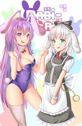  2girls absurdres animal_ears apron blush bow breasts cleavage clock commentary commission detached_collar english_commentary erina_(rabi-ribi) green_eyes highres holding_hands irisu_(rabi_ribi) kaptivate large_breasts long_hair looking_at_viewer maid maid_apron multiple_girls open_mouth playboy_bunny pocket_watch purple_eyes purple_hair rabbit rabbit_ears rabbit_girl rabbit_tail rabi-ribi red_bow single_thighhigh smile tail thighhighs very_long_hair watch white_hair white_legwear wrist_cuffs yuri 