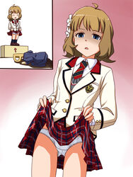  arrow_(symbol) blazer blue_eyes box brown_hair closed_eyes clothes_lift commentary_request cowboy_shot crotch_seam diagonal-striped_clothes diagonal-striped_necktie dress_shirt emblem empty_eyes female flower frown grey_sweater hair_flower hair_ornament high_schoolmate_(idolmaster) idolmaster idolmaster_million_live! idolmaster_million_live!_theater_days jacket lielos lifting_own_clothes looking_at_viewer miniskirt necktie open_mouth p-head_producer panties plaid plaid_skirt pleated_skirt producer_(idolmaster) red_necktie red_skirt school_uniform shaded_face shirt short_hair sitting skirt skirt_lift striped_clothes striped_necktie suou_momoko sweater underwear uniform_series_(idolmaster) v-neck white_jacket white_panties white_shirt wing_collar 