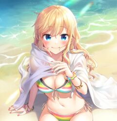  arm_support beach bead_bracelet beads bekkourico bikini blonde_hair blue_eyes blush bracelet breasts cleavage closed_mouth commentary_request day female fingernails front-tie_top holding idolmaster idolmaster_cinderella_girls jewelry large_breasts lens_flare long_hair looking_at_viewer nail_polish navel necklace ohtsuki_yui outdoors red_nails shawl side-tie_bikini_bottom sidelocks sitting smile solo star_(symbol) stomach striped_bikini striped_clothes sunlight swimsuit towel water wavy_hair 