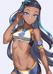  armlet bikini black_hair blue_eyes blue_hair collarbone commentary_request crop_top dark-skinned_female dark_skin earrings female groin hand_in_own_hair jewelry long_hair looking_at_viewer multicolored_hair navel necklace nessa_(pokemon) o-ring parted_lips pokemon pokemon_swsh simple_background solo sports_bikini standing streaked_hair swimsuit two-tone_hair white_background wujiemang 