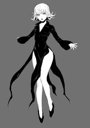  bad_id bad_twitter_id breasts cleavage commentary_request dress echigoya_takeru female greyscale looking_at_viewer medium_hair monochrome one-punch_man open_mouth simple_background small_breasts solo tatsumaki 