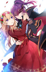  2girls arm_around_waist bang_dream! black_suit blonde_hair blush cape commentary_request dress formal head_wreath holding_hands jewelry kongya korean_text long_hair long_sleeves mask mask_on_head masquerade_mask multiple_girls necklace parted_lips petals ponytail purple_eyes purple_hair red_dress red_eyes seta_kaoru shirasagi_chisato sidelocks suit translation_request 