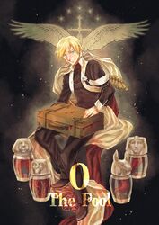  1boy black_background black_pants blonde_hair blood blue_eyes canopic_jar commentary_request david_canopus invisible_chair liver long_sleeves male_focus moromie-mizu organs pants pixiv_fantasia pixiv_fantasia_last_saga sitting solo suitcase 