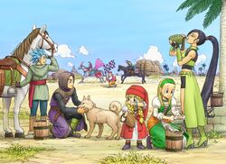  bead_necklace beads blonde_hair blue_eyes blue_hair blue_sky bracelet braid brown_hair bucket camus_(dq11) canine cloud commentary_request dragon_quest dragon_quest_xi dress drinking earrings facial_hair fingerless_gloves gloves grass green_footwear greig_(dq11) hairband hat hero_(dq11) highres horse horseback_riding jewelry kneeling long_hair martina_(dq11) moustache necklace outdoors palm_tree ponytail puffy_sleeves purple_eyes red_headwear riding row_(dq11) senya_(dq11) shinobibe_himika short_shorts shorts sky spiked_hair sylvia_(dq11) tree twin_braids veronica_(dq11) white_hair 