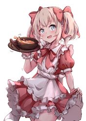  :d apron blush bow bowl chinese_commentary collared_dress commentary_request cowboy_shot dress female food frilled_apron frilled_dress frills hairbow hakuya_(white_night) hand_up highres holding latina_(uchi_no_musume_no_tame_naraba) light_brown_hair maid_apron open_mouth pleated_dress puffy_short_sleeves puffy_sleeves red_bow red_dress revision short_sleeves simple_background skirt_hold smile solo spoon thighhighs twintails uchi_no_musume_no_tame_naraba_ore_wa_moshikashitara_maou_mo_taoseru_kamo_shirenai. white_apron white_background white_thighhighs 