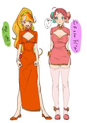  2girls absurdres alternate_costume alternate_hairstyle arms_behind_back blonde_hair blue_eyes bow breasts brown_eyes check_translation china_dress chinese_clothes cleavage_cutout clothing_cutout commentary_request double_bun dress ebichiri_man flats full_body hair_bun hairbow highres large_breasts light_green_hair long_hair minamoto_sakura multicolored_hair multiple_girls nikaidou_saki open_mouth orange_dress orange_hair pink_dress pink_hair polka_dot polka_dot_bow protected_link simple_background small_breasts standing streaked_hair teeth thighhighs translation_request white_background white_legwear zombie_land_saga 