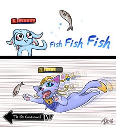  4_toes absurd_res blue_body blue_eyes blue_skin blush bodily_fluids chest_tuft claws dipstick_tail domestic_cat duo_focus english_text feet felid feline felis female feral fish fish_meat fizz_(lol) food fur gameplay_mechanics group gui health_bar hi_res humor jojo&#039;s_bizarre_adventure league_of_legends male mammal marine markings meat meme motion_blur motion_lines multicolored_tail pink_nose purple_body purple_fur riot_games saliva shark snout tail tail_markings tencent text toes tongue tongue_out trio tuft wei_miao yellow_body yellow_fur yordle yuumi_(lol) 