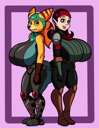  2019 alien alien_humanoid angela_cross animal_humanoid anthro big_breasts breasts brown_hair brown_nose clothed clothing digital_media_(artwork) duo female fur green_eyes hair hi_res huge_breasts humanoid lombax mammal markazian ratchet_and_clank simple_background smile sony_corporation sony_interactive_entertainment stripes superbunnygt talwyn_apogee 