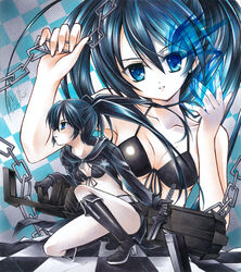  2010 belt bikini bikini_top_only black_bikini black_coat black_footwear black_gloves black_hair black_rock_shooter black_rock_shooter_(character) black_shorts blue_eyes blue_fire boots breasts broken broken_sword broken_weapon chains checkered_background checkered_floor cleavage coat collarbone commentary_request dated female fire flaming_eye gloves hair_between_eyes halterneck head_tilt high_heel_boots high_heels holding holding_sword holding_weapon knee_boots long_hair looking_at_viewer no_shirt open_clothes open_coat parted_lips pastel_(medium) photoshop_(medium) shikishi short_shorts shorts signature small_breasts solo swimsuit sword twintails underboob unzipped very_long_hair weapon white_belt yuto_takumi zipper 