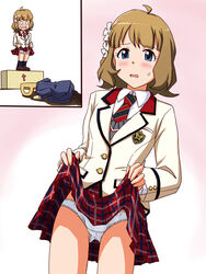  arrow_(symbol) blazer blue_eyes blush box brown_hair clothes_lift commentary_request cowboy_shot crotch_seam diagonal-striped_clothes diagonal-striped_necktie dress_shirt emblem female flower frown grey_sweater hair_flower hair_ornament high_schoolmate_(idolmaster) idolmaster idolmaster_million_live! idolmaster_million_live!_theater_days jacket lielos lifting_own_clothes looking_at_viewer miniskirt necktie o_o open_mouth p-head_producer panties partial_commentary plaid plaid_skirt pleated_skirt producer_(idolmaster) red_necktie red_skirt school_uniform shirt short_hair sitting skirt skirt_lift striped_clothes striped_necktie suou_momoko sweatdrop sweater underwear uniform_series_(idolmaster) v-neck white_jacket white_panties white_shirt wing_collar 