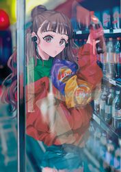  brown_eyes brown_hair chips_(food) coat commentary_request convenience_store denim denim_shorts earphones female food from_outside green_shirt half_updo highres idolmaster idolmaster_cinderella_girls kamiya_nao lay&#039;s_(potato_chips) long_hair long_sleeves looking_at_viewer najuco_(naju0517) potato_chips puckered_lips red_coat shirt shop shopping short_shorts shorts soda_bottle solo window 