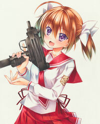  :d ahoge aqua_hair blue_hair blush bow brown_hair chevron_(symbol) collarbone commentary_request cowboy_shot emblem female finger_on_trigger gradient_hair gun hair_between_eyes hairbow hidan_no_aria hidan_no_aria_aa holding holding_gun holding_weapon long_sleeves looking_at_viewer mamiya_akari marker_(medium) medium_hair micro_uzi miniskirt multicolored_hair neckerchief necktie oerba_yun_fang open_mouth orange_hair pastel_(medium) patch pleated_skirt purple_eyes red_neckerchief red_necktie red_ribbon red_sailor_collar red_skirt ribbon sailor_collar school_uniform serafuku shirt shoulder_patch simple_background skin_fang skirt sleeve_cuffs smile solo standing submachine_gun traditional_media trigger_discipline twintails untucked_shirt weapon white_background white_bow white_trim yuto_takumi 